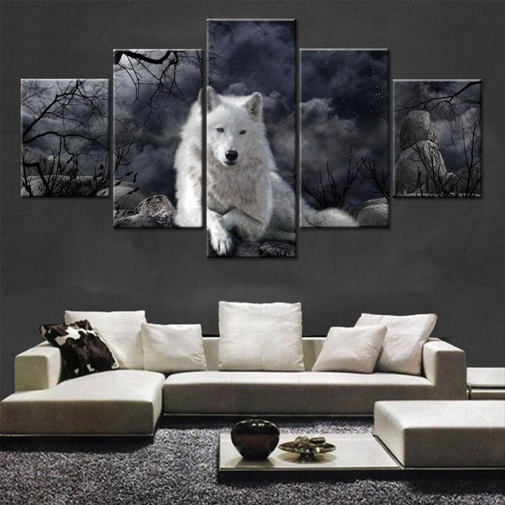 5 Panel Wolf Canvas Wall Art – Modern Animal Painting for Living Room Home Decor