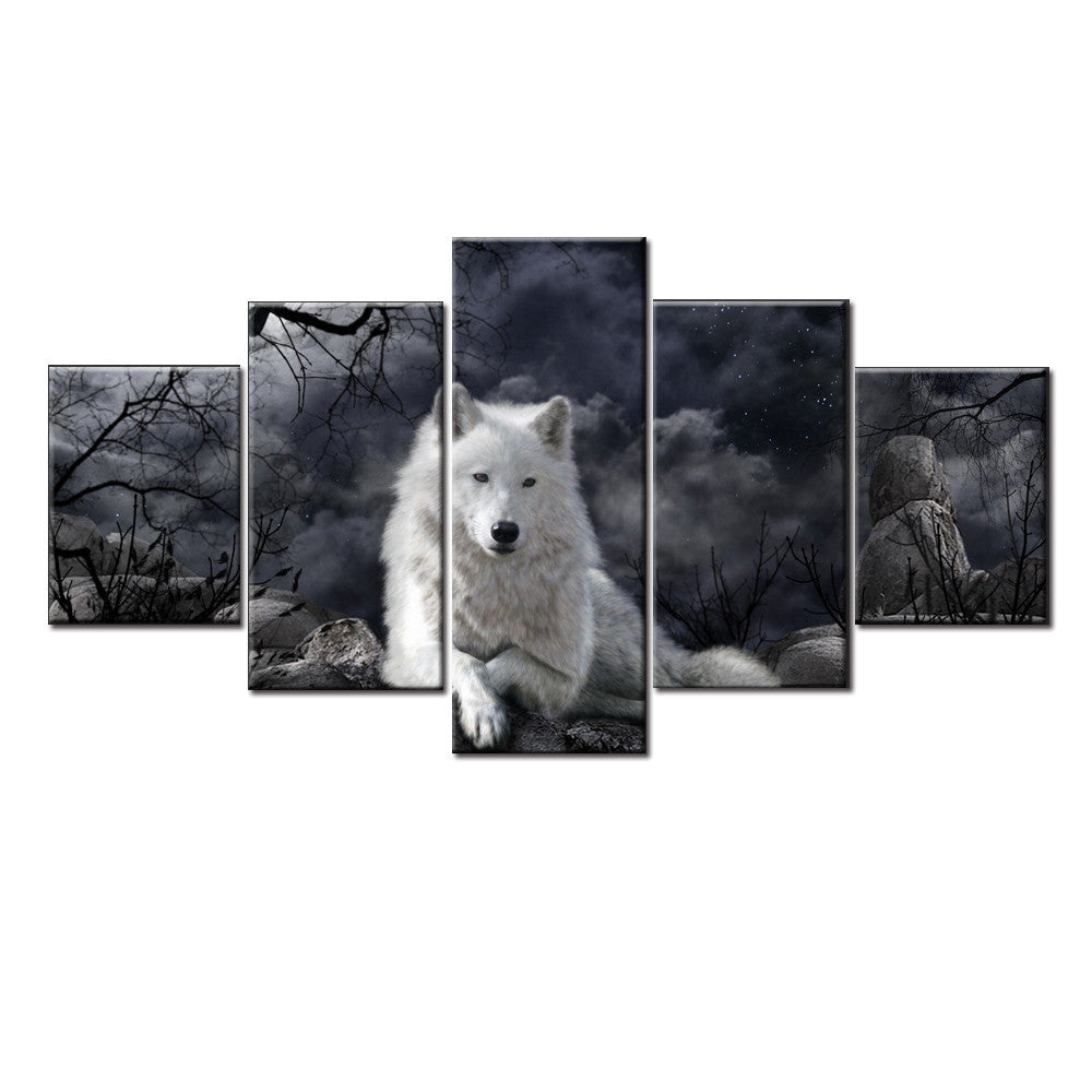 5 Panel Wolf Canvas Wall Art – Modern Animal Painting for Living Room Home Decor