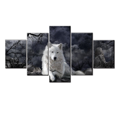 5 Panel Wolf Canvas Wall Art – Modern Animal Painting for Living Room Home Decor